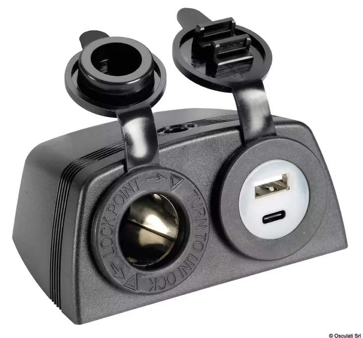 Lighter + USB-A + USB-C socket with housing - Elkontakter - D502908 - 1